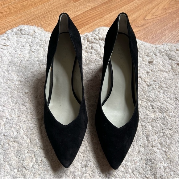 1.STATE. Black Suede Pointed Toe Rounded Block Heeled Saffy Pump Size 12 - Picture 2 of 11